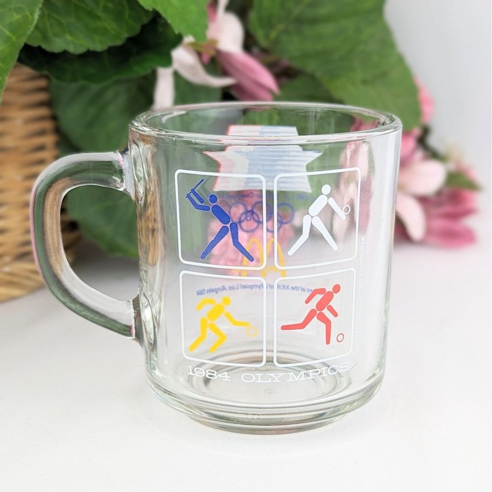 Vintage 1984 Summer Olympics Clear Glass Mug McDonalds Collector Cup Los Angeles
